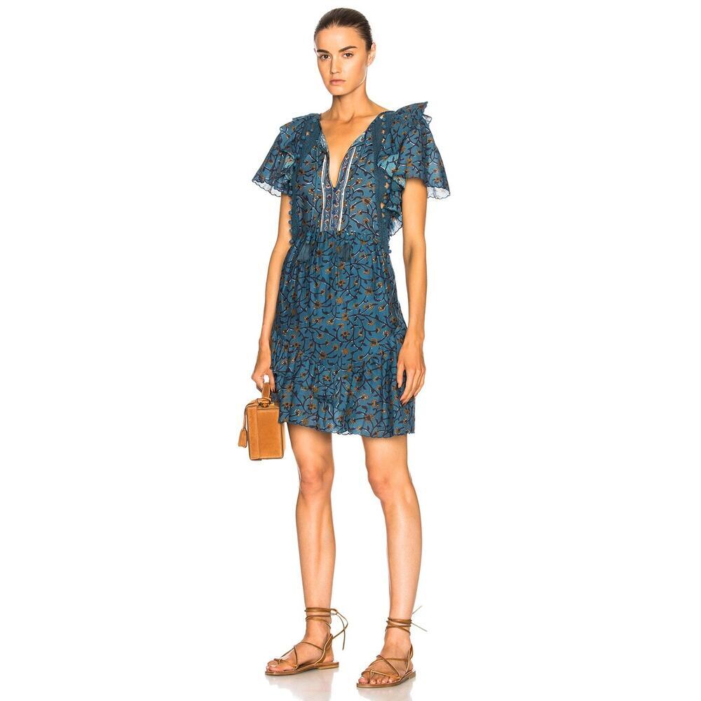 Sea New York Women's Crochet Pom Pom Dress Steel Blue Flutter Sleeves Ruffle Hem